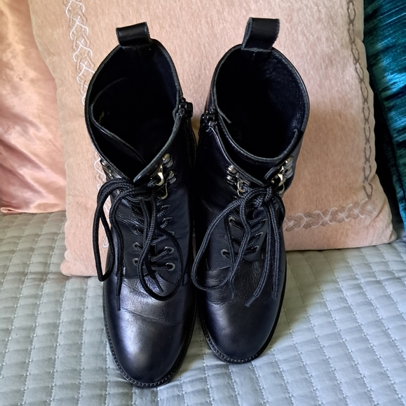 Vintage NAPOLEONI Black Leather Combat Moto Boots Zip Lace Up Italian Size 40 - Picture 9 of 13
